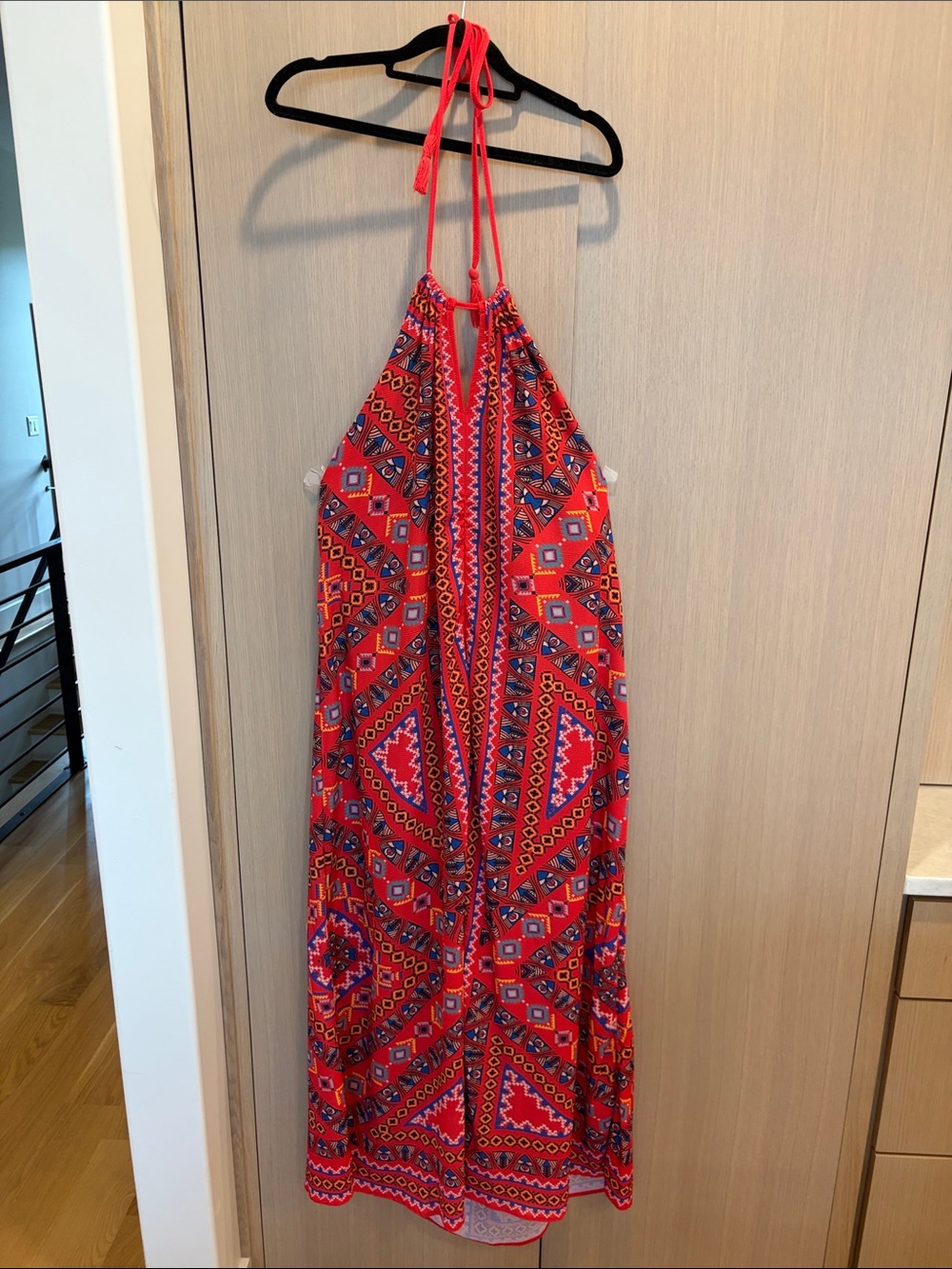 Flying Tomato Bright Red Halter Maxi Dress with Geometric Print